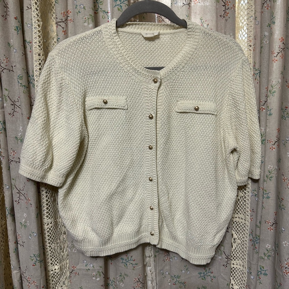 Atelier‎ Evene Paris Short Sleeve Ivory Crochet Sweater Wool Blend Size M/L